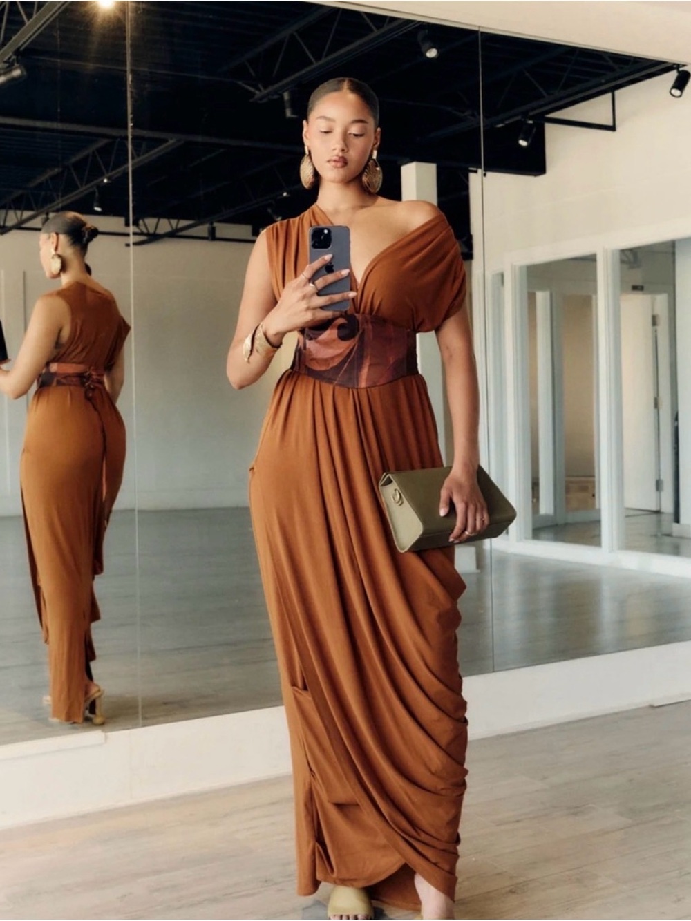 Andrea Iyamah Rust Brown Draped Maxi Dress with Printed Waistband
